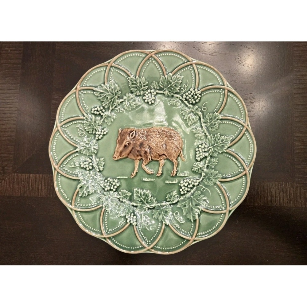 Bordallo Pinheiro Majolica Ceramic Animal Plates Boar Green Grapevine Portugal